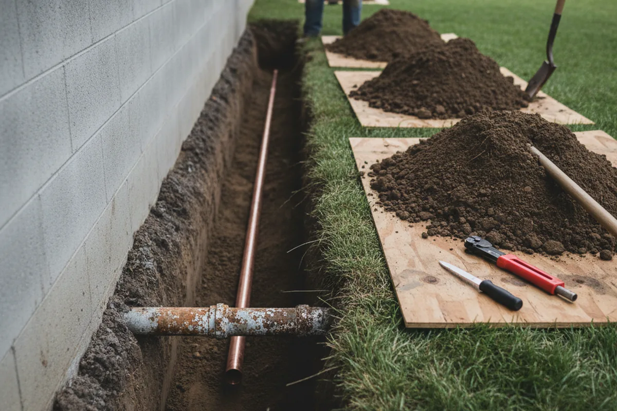 Excavated water line trench during Sewer Line Repair in Eustis